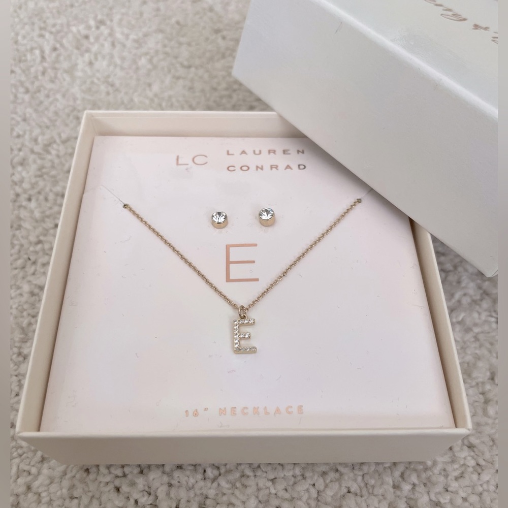 Lauren Conrad Gold and Silver “E” Initial Necklace and Earring Set!